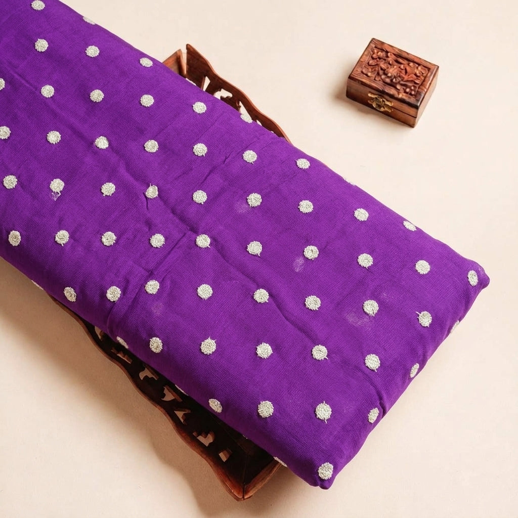 Folded Purple Embroidery Chinnon Fabric Highlighting Butta and Texture