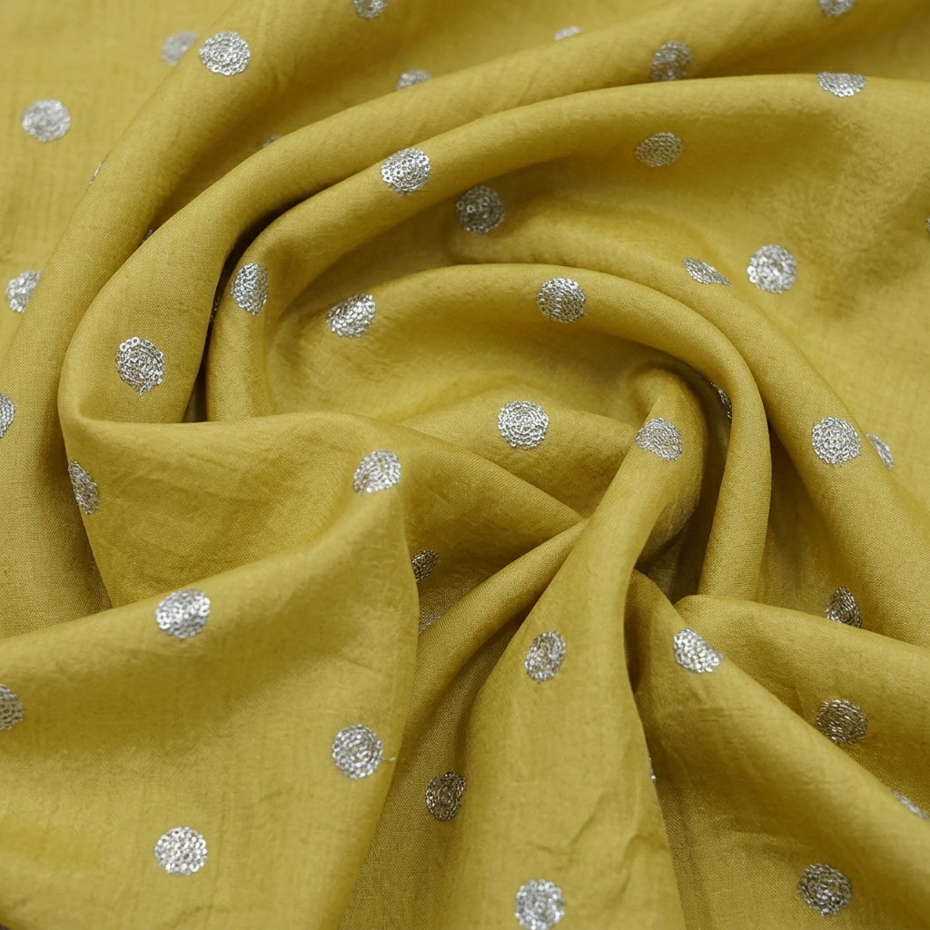 Swirled Embroidery Yellow Embroidery Chinnon Fabric