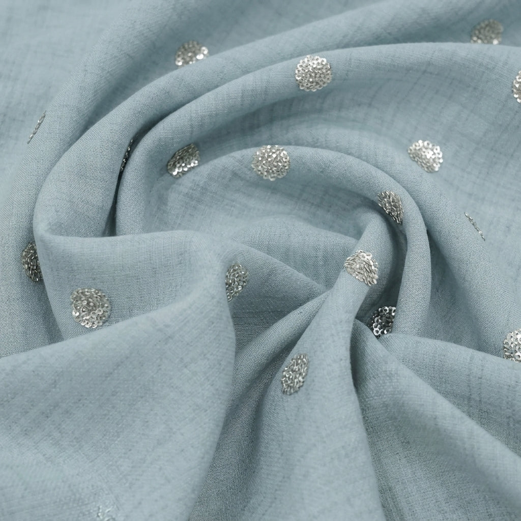 Swirled Embroidery Sky Blue Embroidery Chinnon Fabric