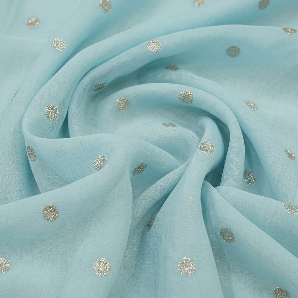 Swirled Embroidery Aqua Blue Embroidery Chinnon Fabric