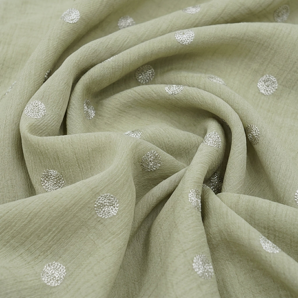 Swirled Embroidery Mint Green Embroidery Chinnon Fabric