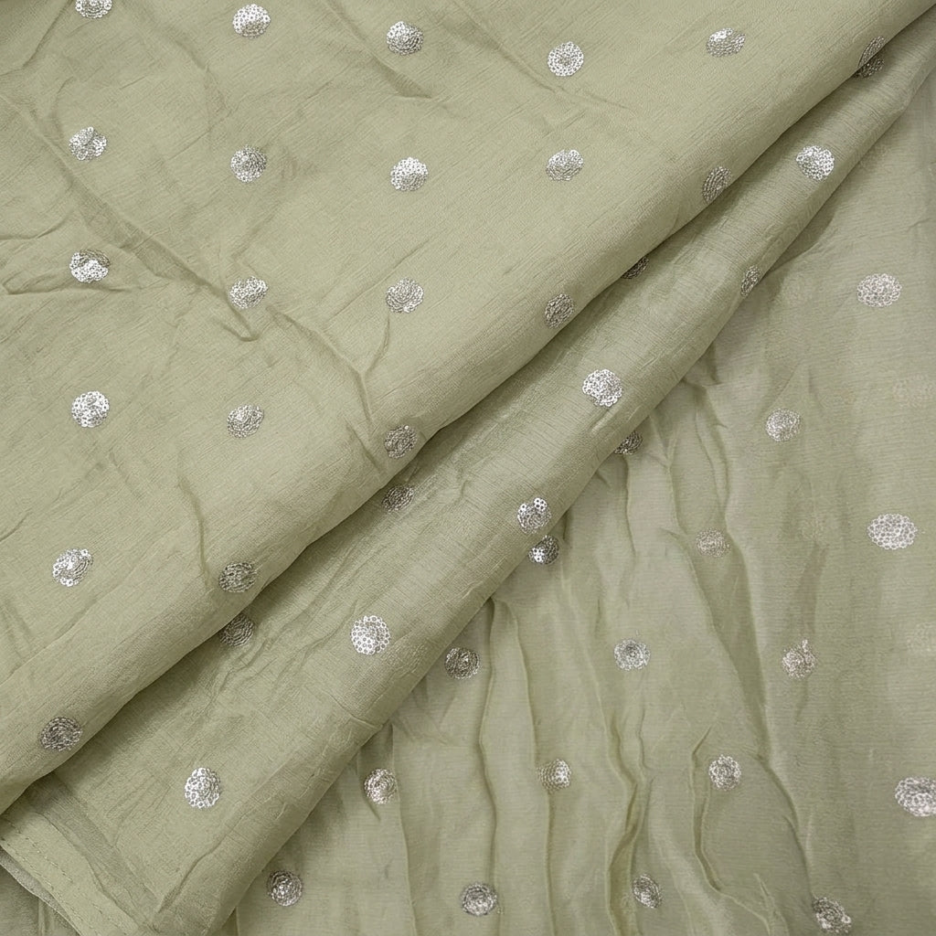 Folded Embroidery Mint Green Embroidery Chinnon Fabric