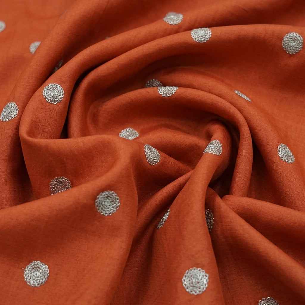 Swirled Embroidery Orange Embroidery Chinnon Fabric