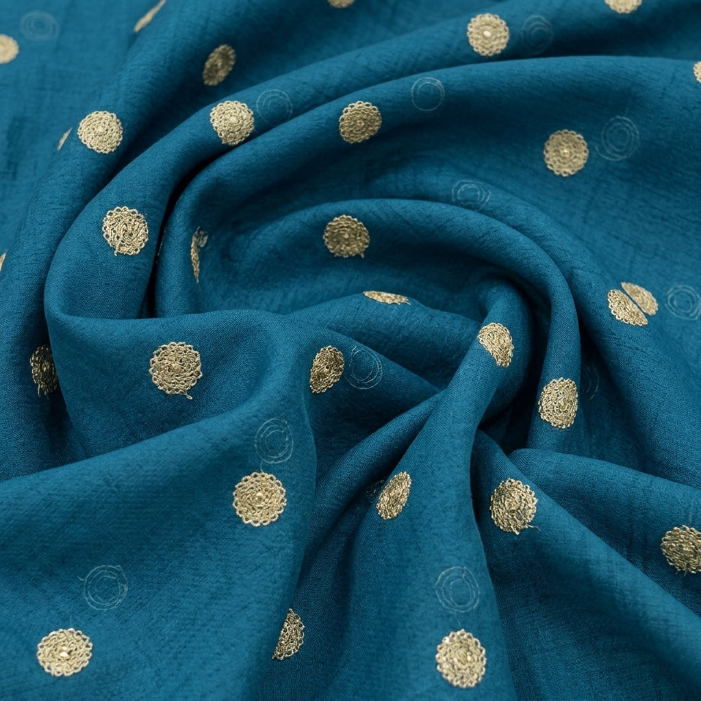Swirled Embroidery Blue Embroidery Chinnon Fabric