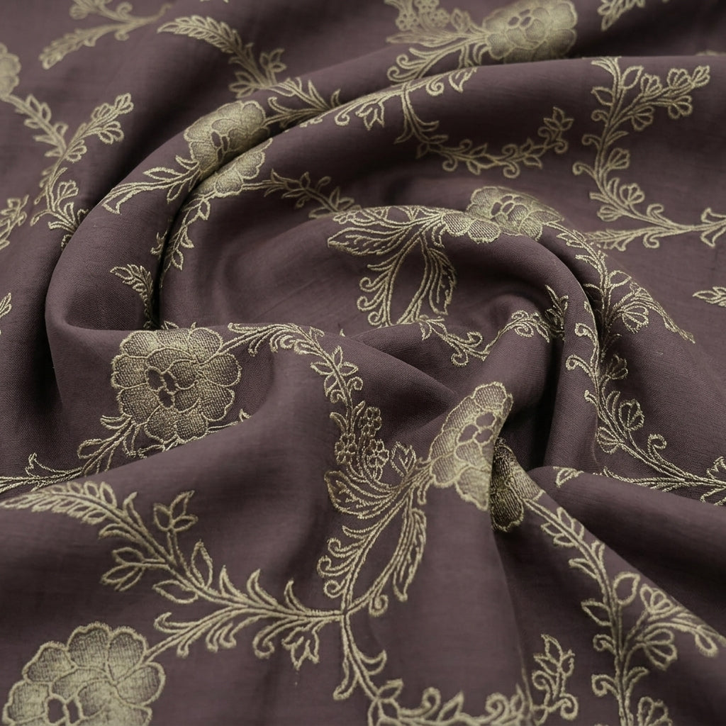 Swirled Floral Brown Floral Viscose Organza Fabric