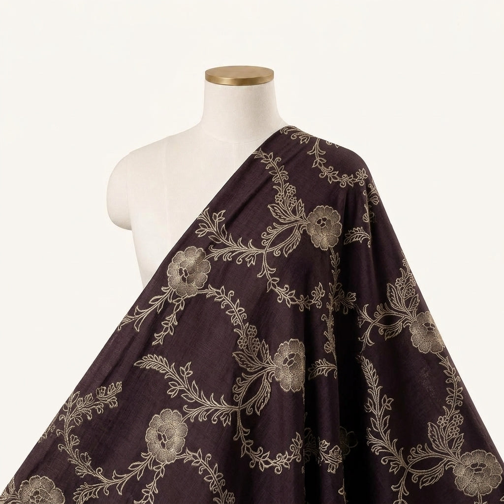 Floral Brown Floral Viscose Organza Fabric Draped as a saree