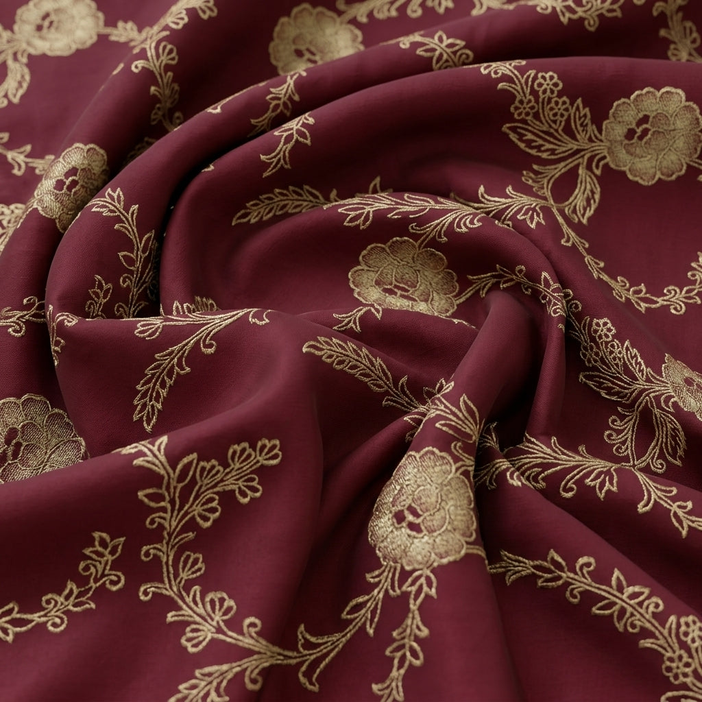 Swirled Floral Maroon Floral Viscose Organza Fabric