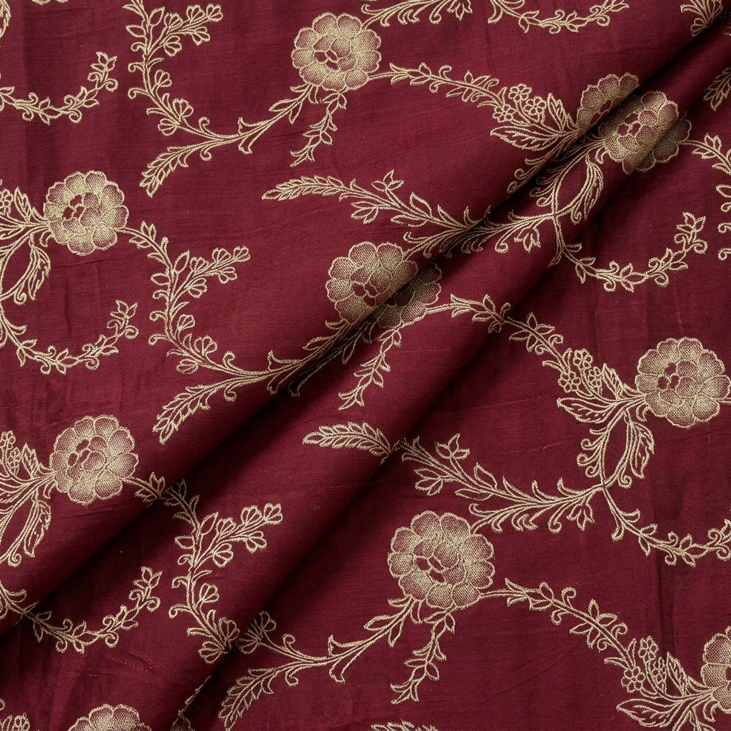 Folded Floral Maroon Floral Viscose Organza Fabric