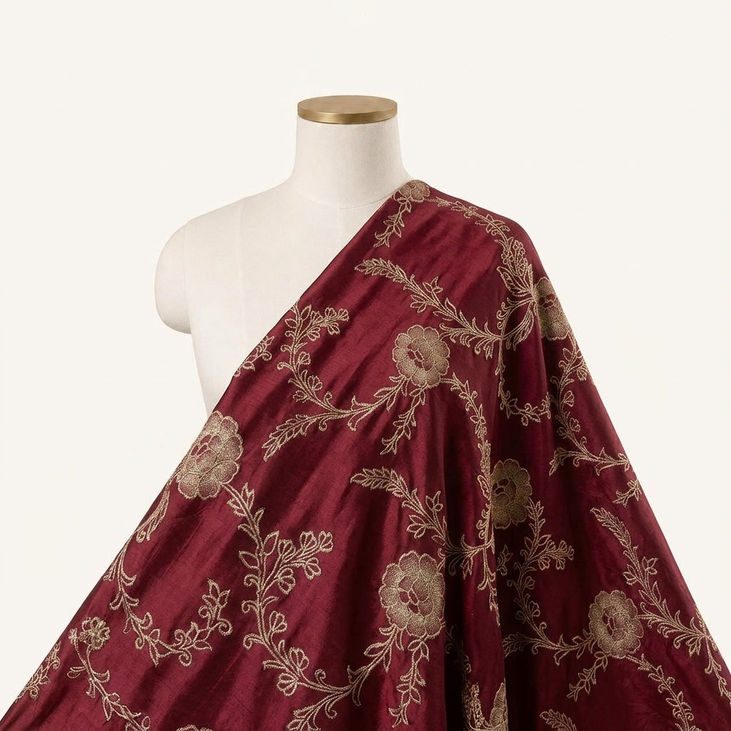 Floral Maroon Floral Viscose Organza Fabric Draped as a saree
