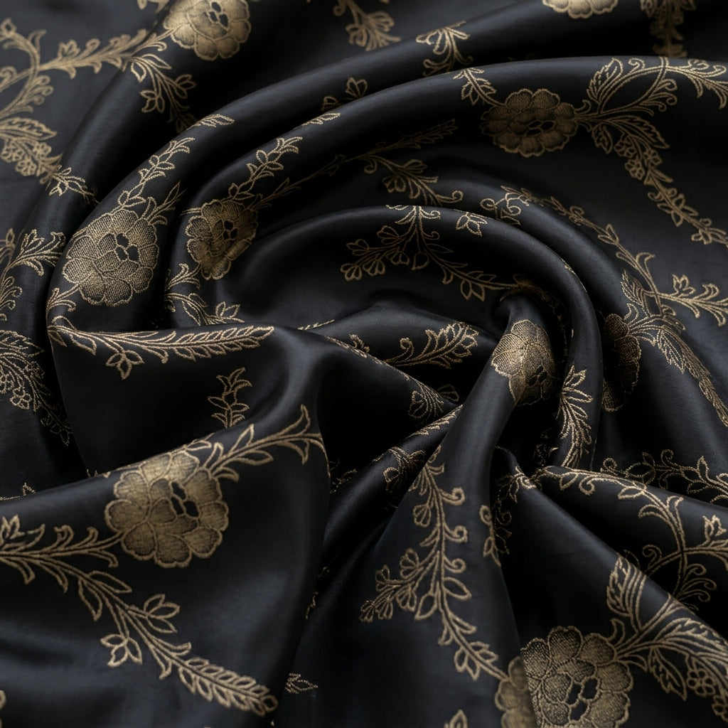 Swirled Floral Black Floral Viscose Organza Fabric
