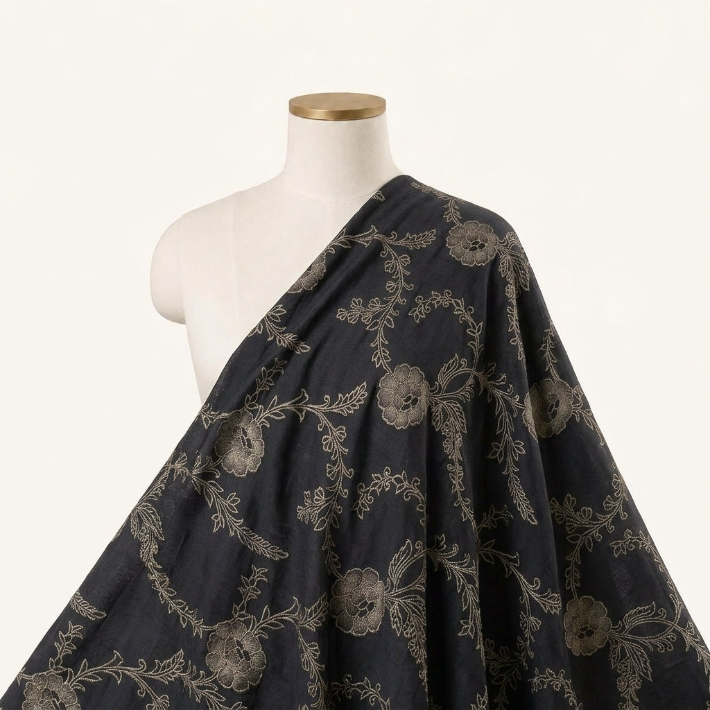 Floral Black Floral Viscose Organza Fabric Draped as a saree