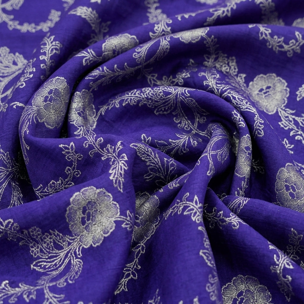 Swirled Floral Royal Blue Floral Viscose Organza Fabric