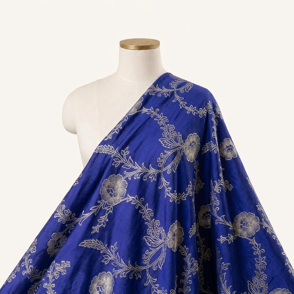 Floral Royal Blue Floral Viscose Organza Fabric Draped as a saree