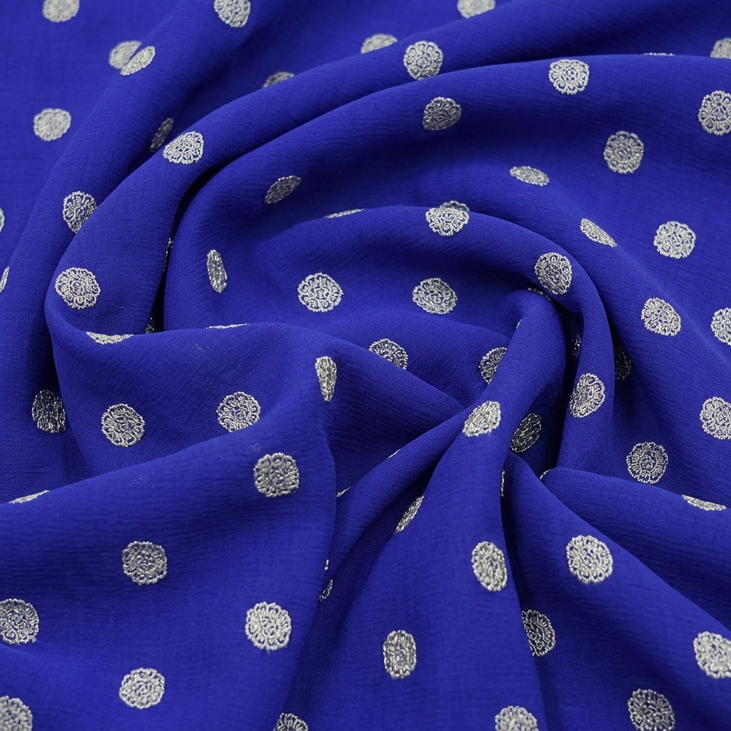 Swirled Floral Royal Blue Floral Viscose Organza Fabric