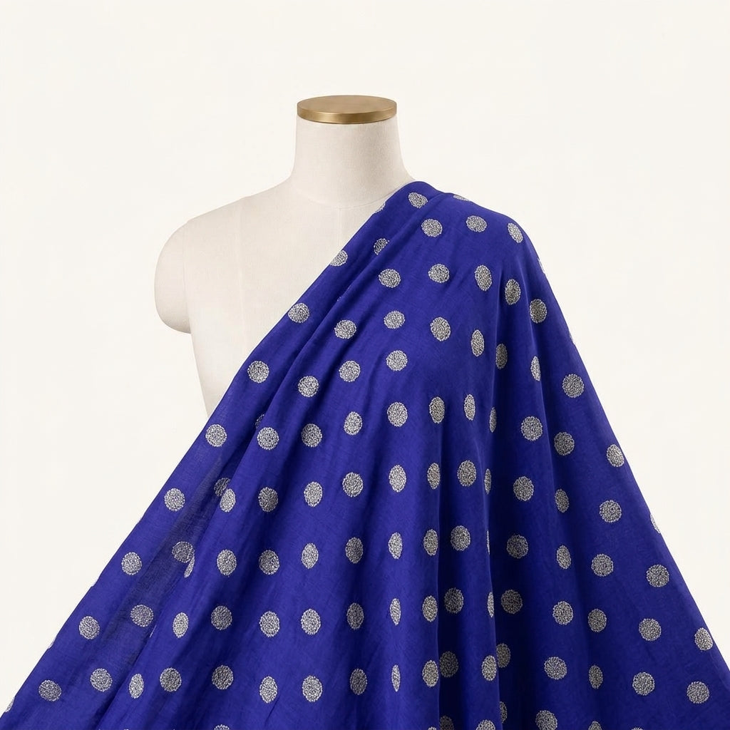 Floral Royal Blue Floral Viscose Organza Fabric Draped as a saree
