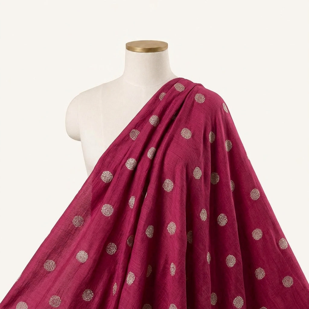 Floral Maroon Floral Viscose Organza Fabric Draped as a saree