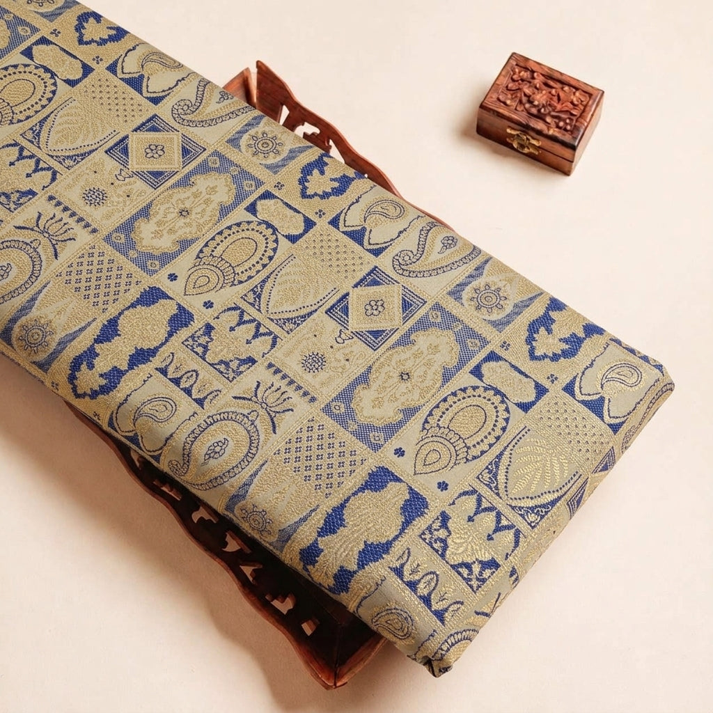 Folded Blue Paisley Banaras Fabric Highlighting and Texture