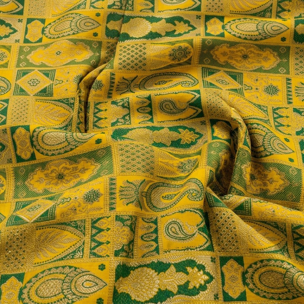 Swirled Paisley Yellow Paisley Banaras Fabric