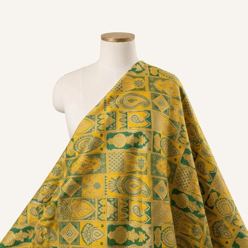 Paisley Yellow Paisley Banaras Fabric Draped as a saree