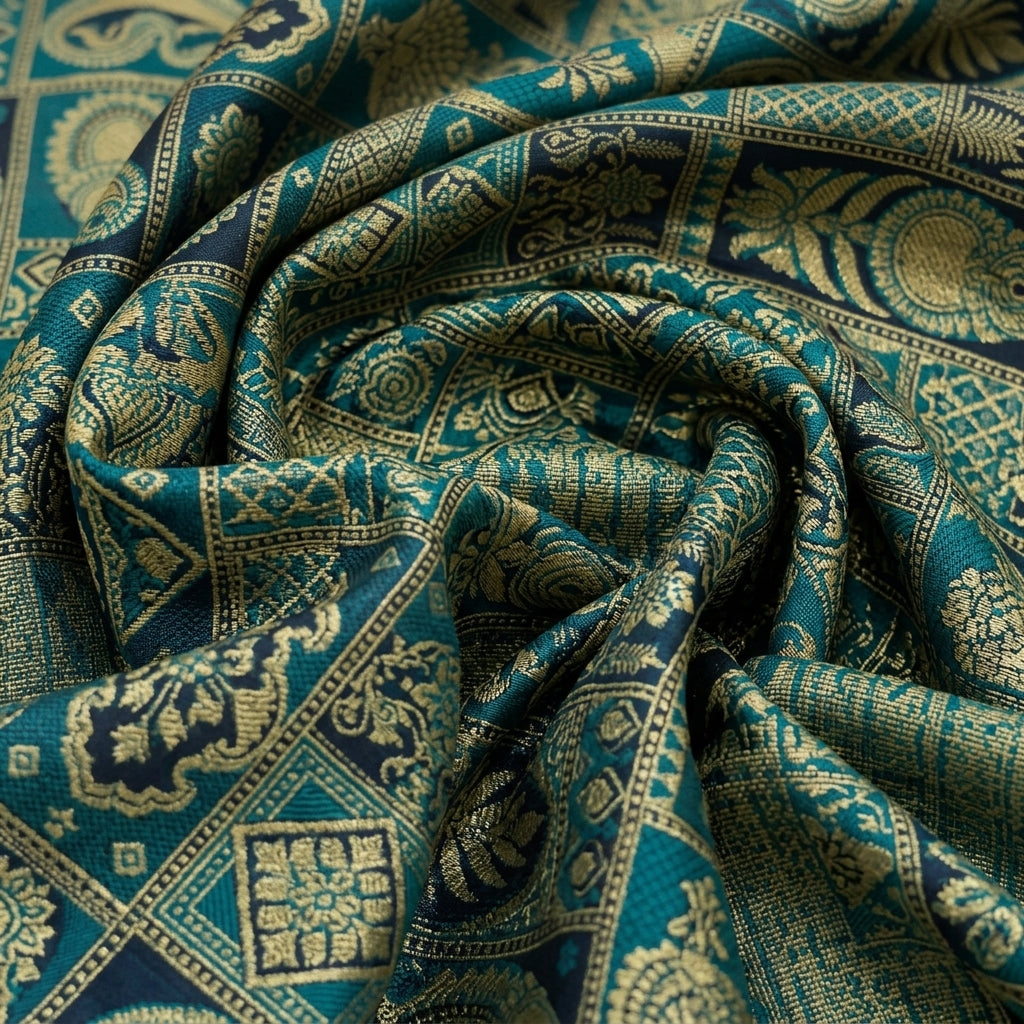 Swirled Paisley Green Paisley Banaras Fabric