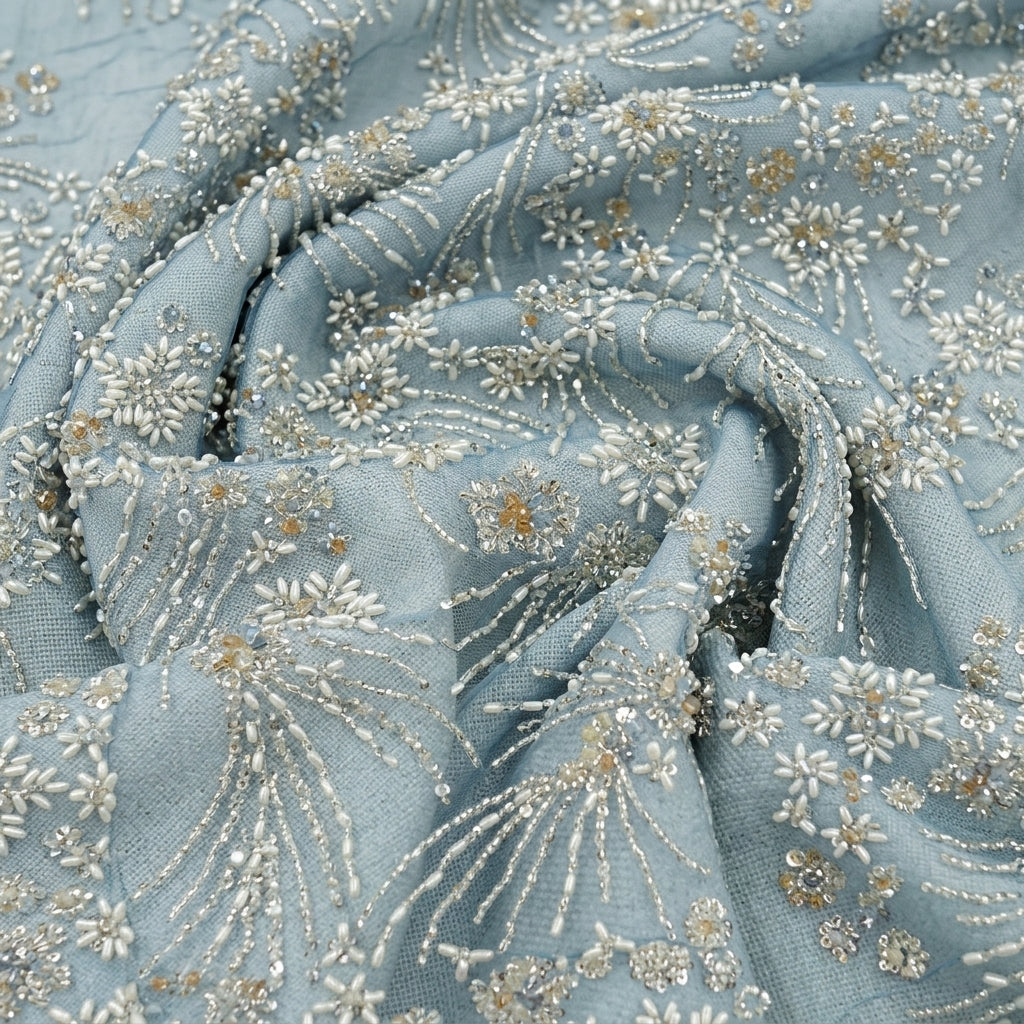 Swirled Embroidery Blue Embroidery Net Fabric