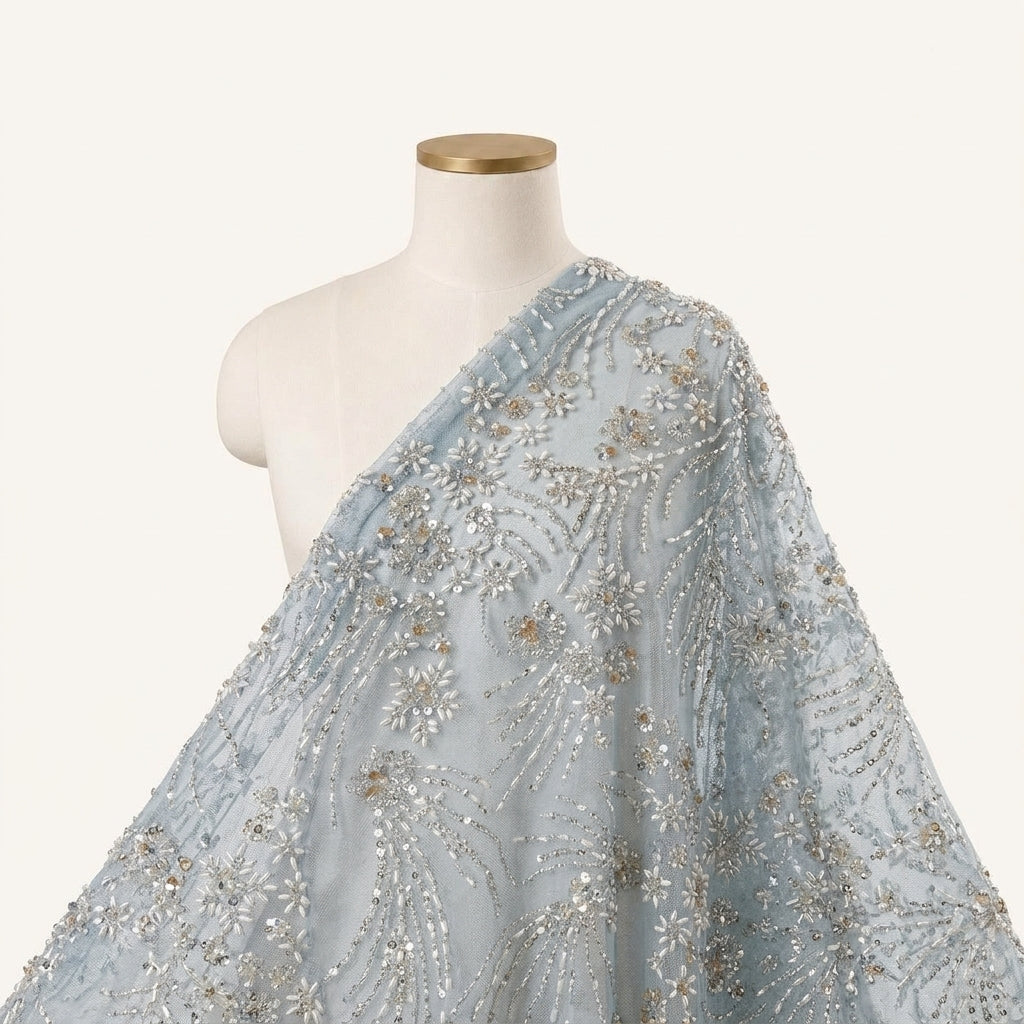 Embroidery Blue Embroidery Net Fabric Draped as a saree