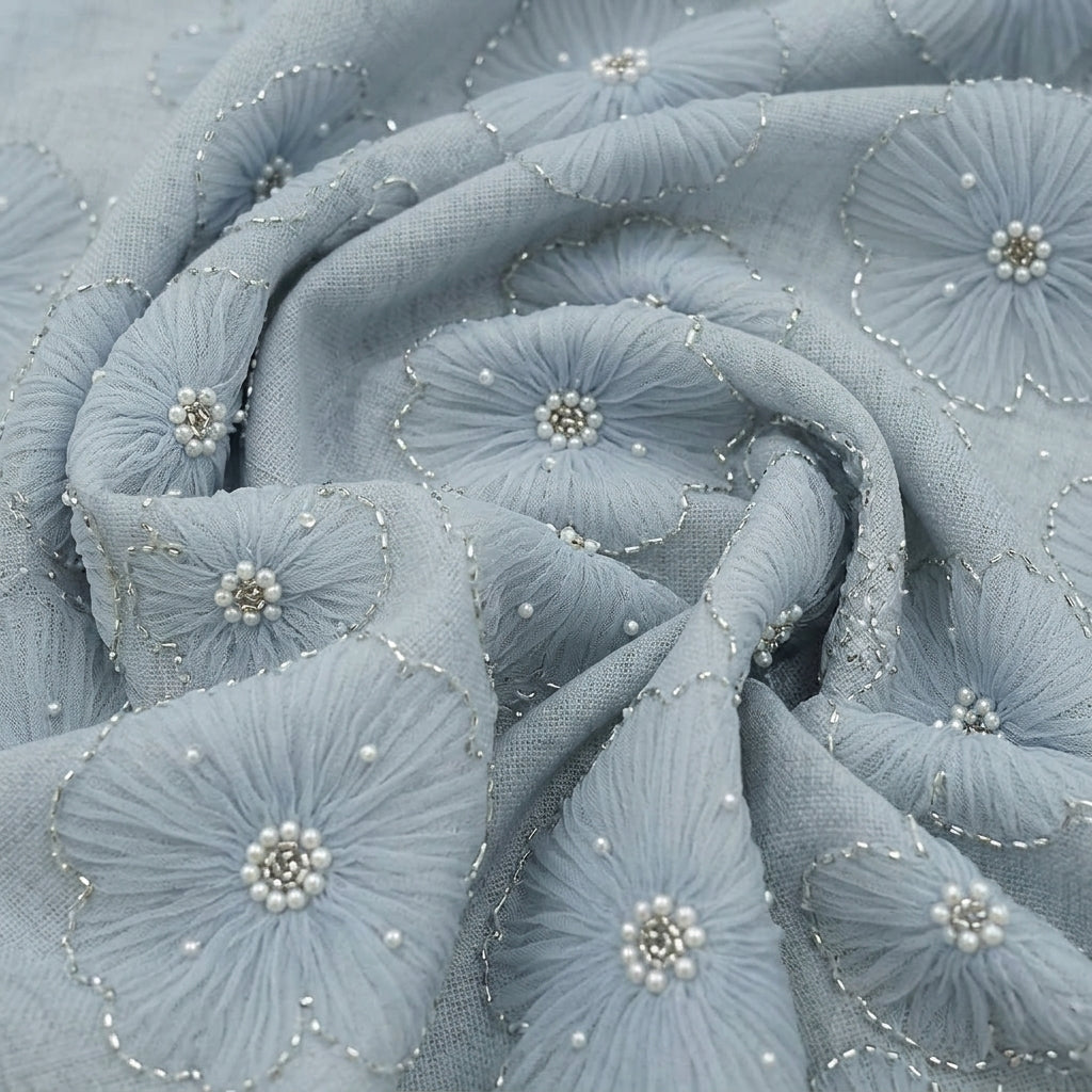 Swirled Floral Embroidery Light Blue Floral Embroidery Net Fabric