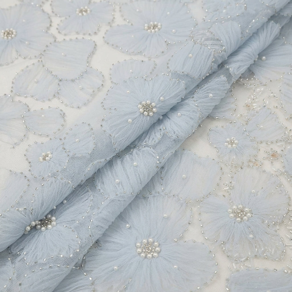 Folded Floral Embroidery Light Blue Floral Embroidery Net Fabric