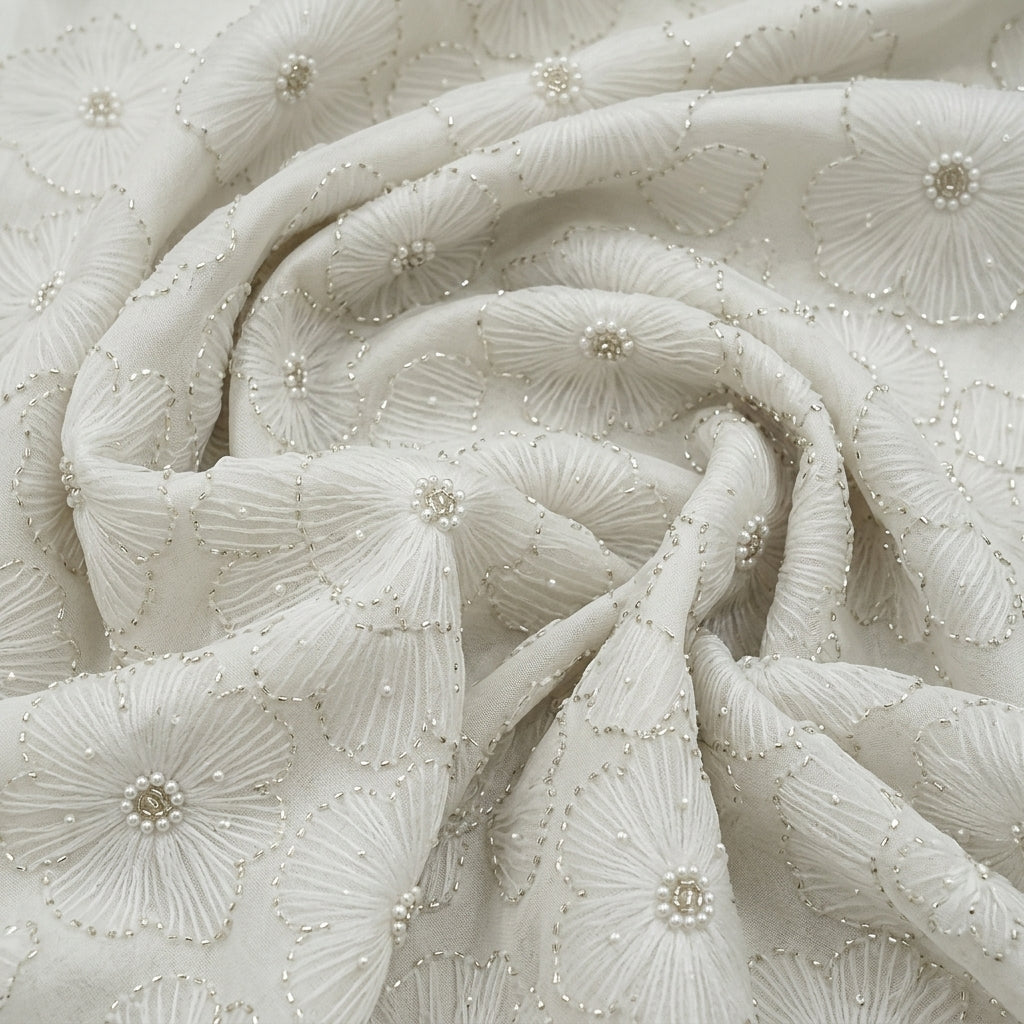 Swirled Floral Embroidery White Floral Embroidery Net Fabric