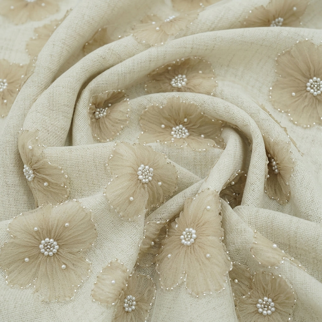Swirled Floral Embroidery Beige Floral Embroidery Net Fabric