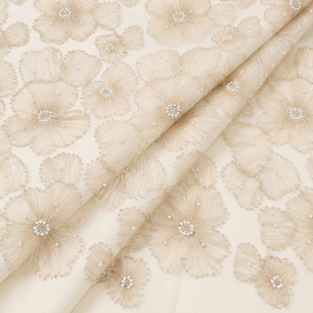 Folded Floral Embroidery Beige Floral Embroidery Net Fabric