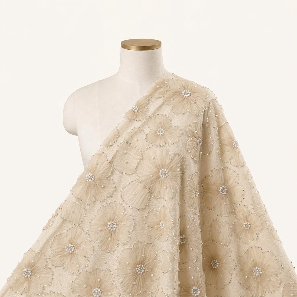 Floral Embroidery Beige Floral Embroidery Net Fabric Draped as a saree