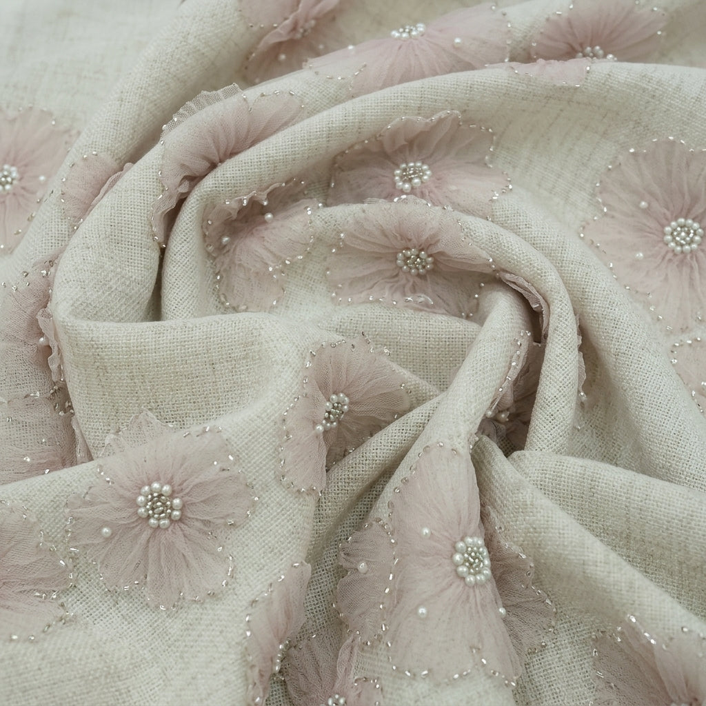 Swirled Floral Embroidery Pink Floral Embroidery Net Fabric