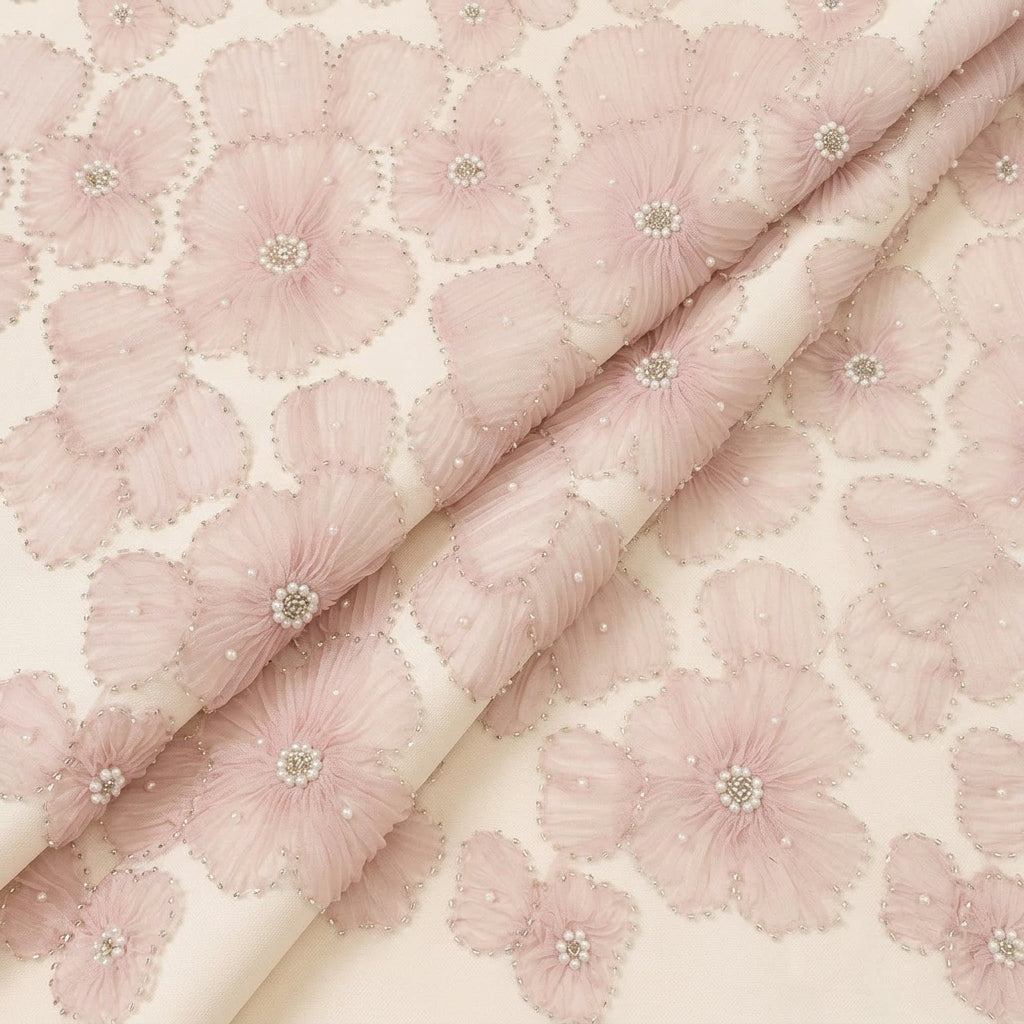 Folded Floral Embroidery Pink Floral Embroidery Net Fabric
