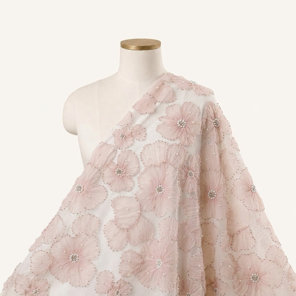 Floral Embroidery Pink Floral Embroidery Net Fabric Draped as a saree