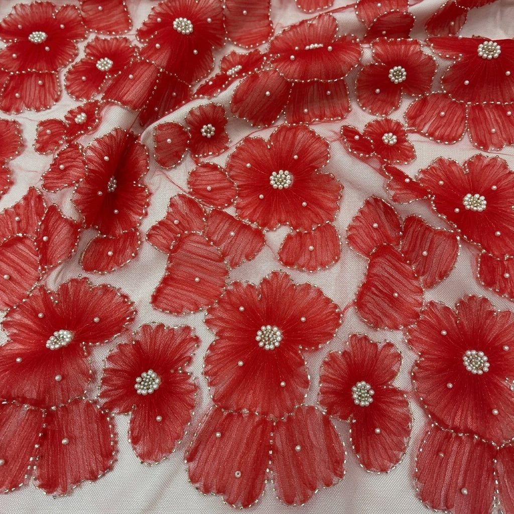 Swirled Floral Embroidery Red Floral Embroidery Net Fabric