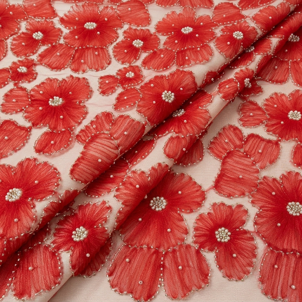 Folded Floral Embroidery Red Floral Embroidery Net Fabric