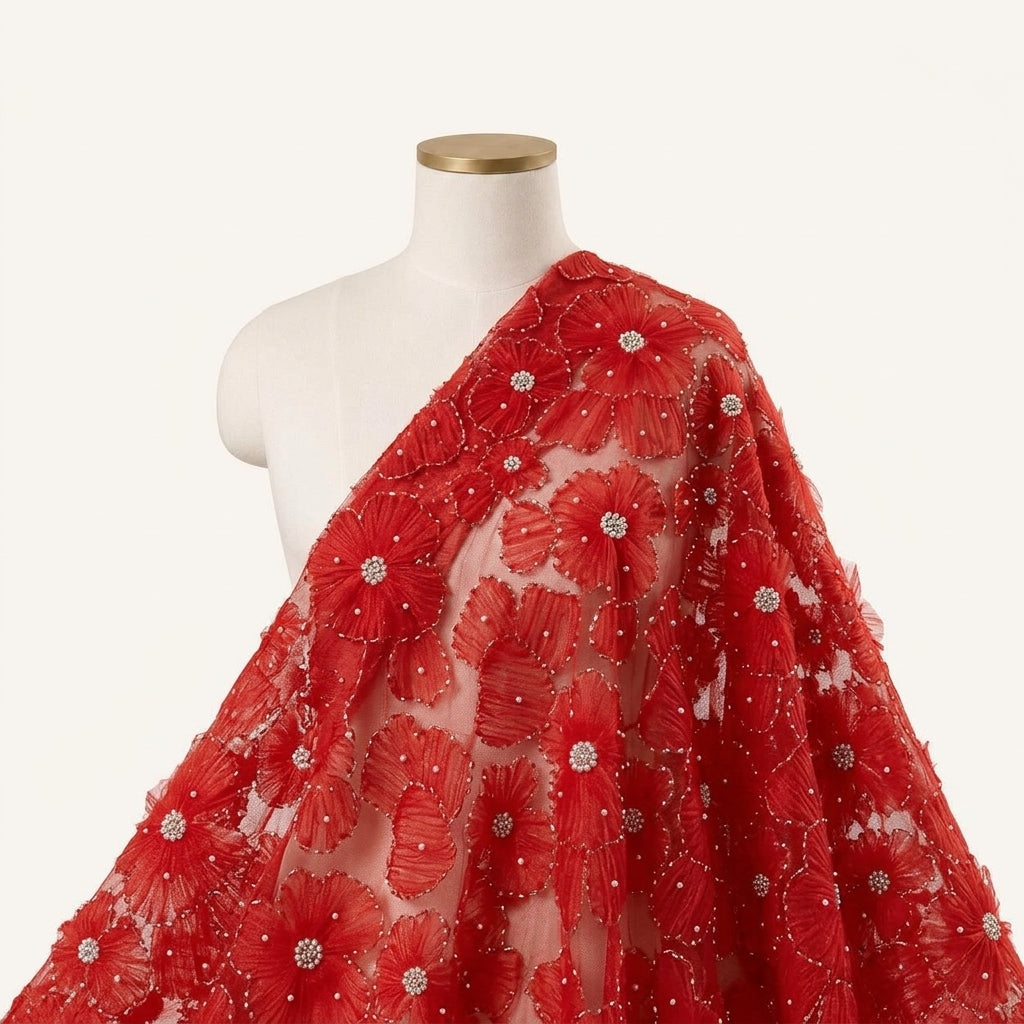 Floral Embroidery Red Floral Embroidery Net Fabric Draped as a saree