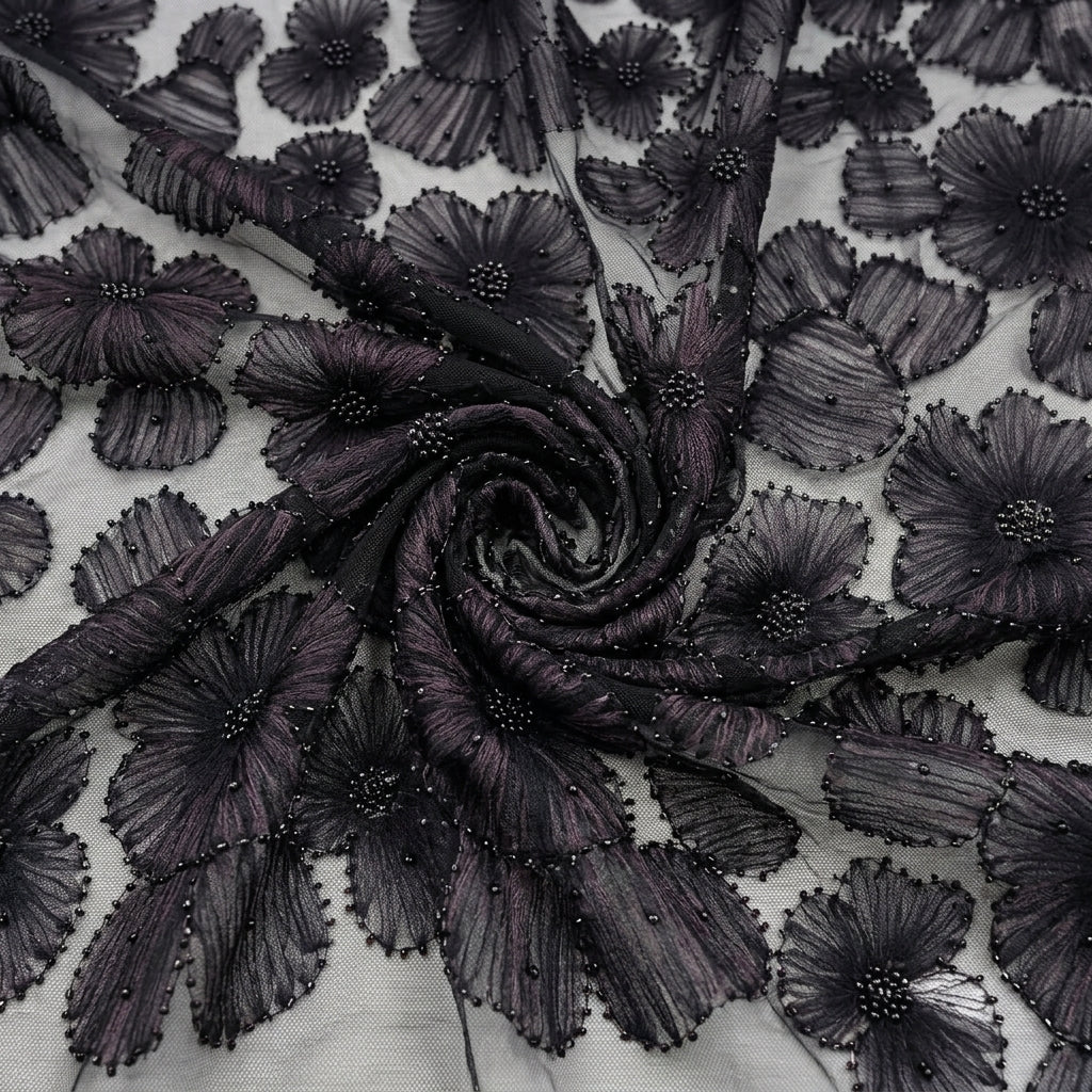 Swirled Floral Embroidery Black Floral Embroidery Net Fabric