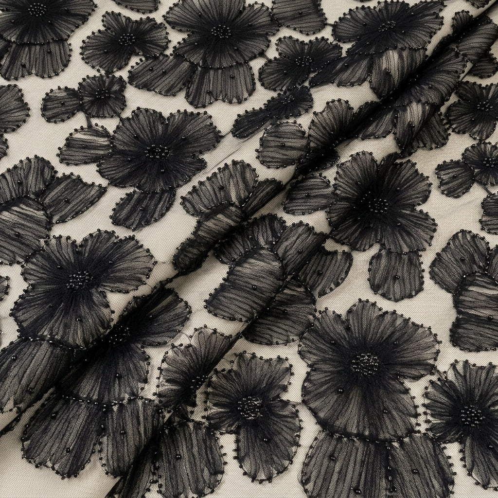 Folded Floral Embroidery Black Floral Embroidery Net Fabric