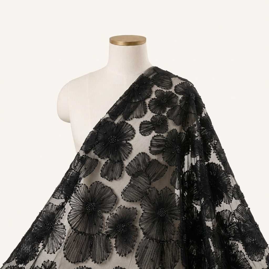 Floral Embroidery Black Floral Embroidery Net Fabric Draped as a saree