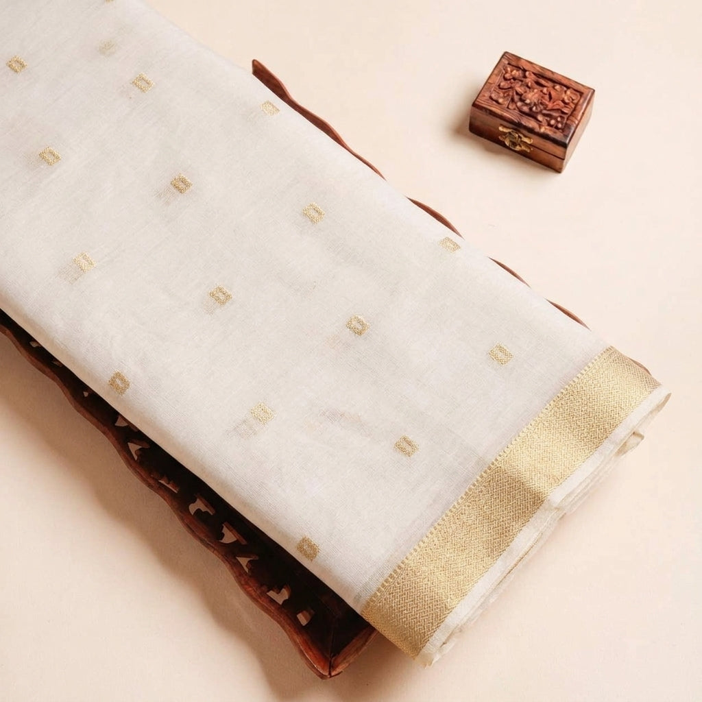 Folded Beige Zari Chanderi Fabric Highlighting and Texture