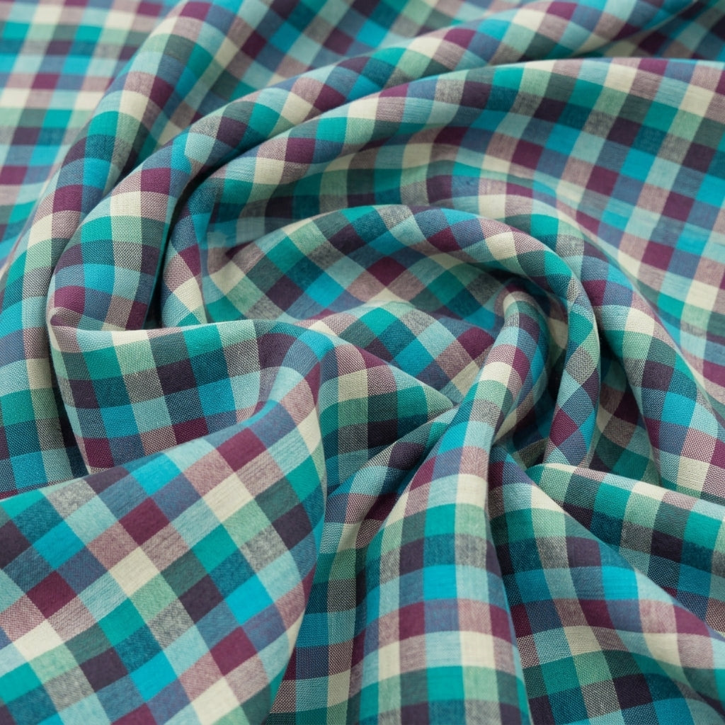 Swirled Checked Green Checked Cotton Fabric