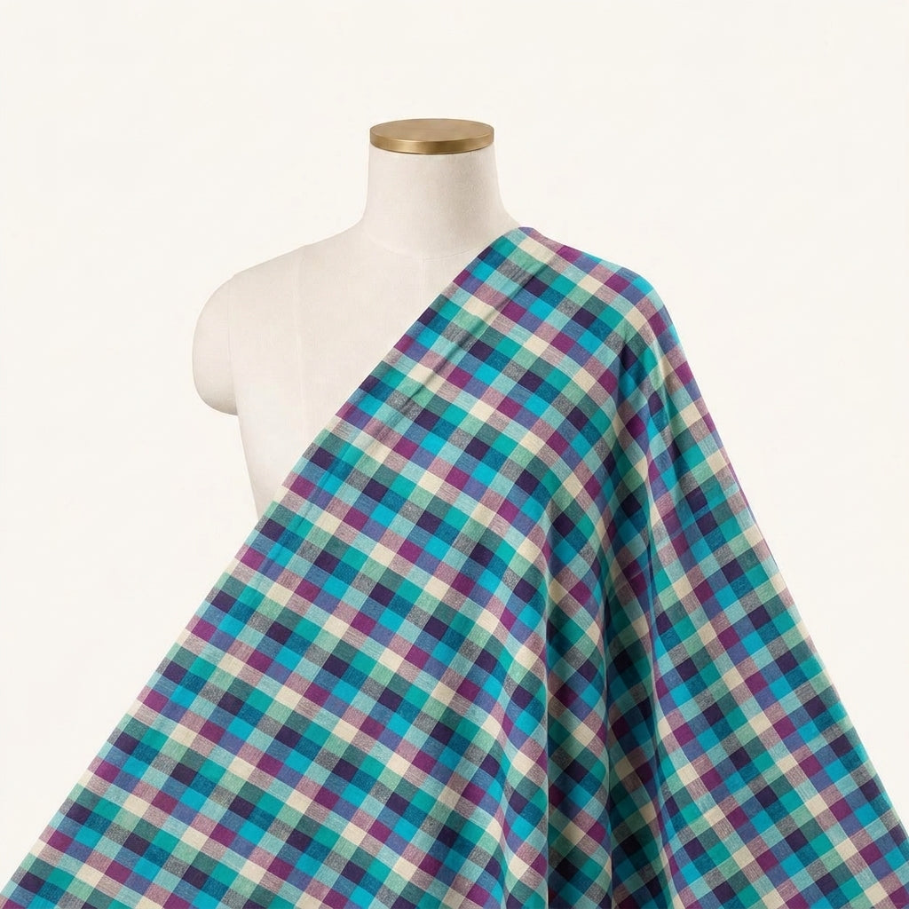Checked Green Checked Cotton Fabric Draped as a saree