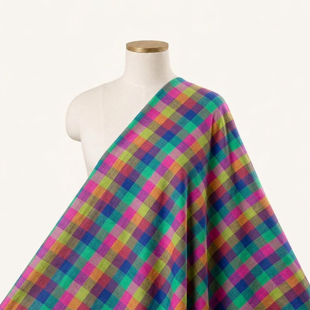 Checked Multicolor Checked Cotton Fabric Draped as a saree