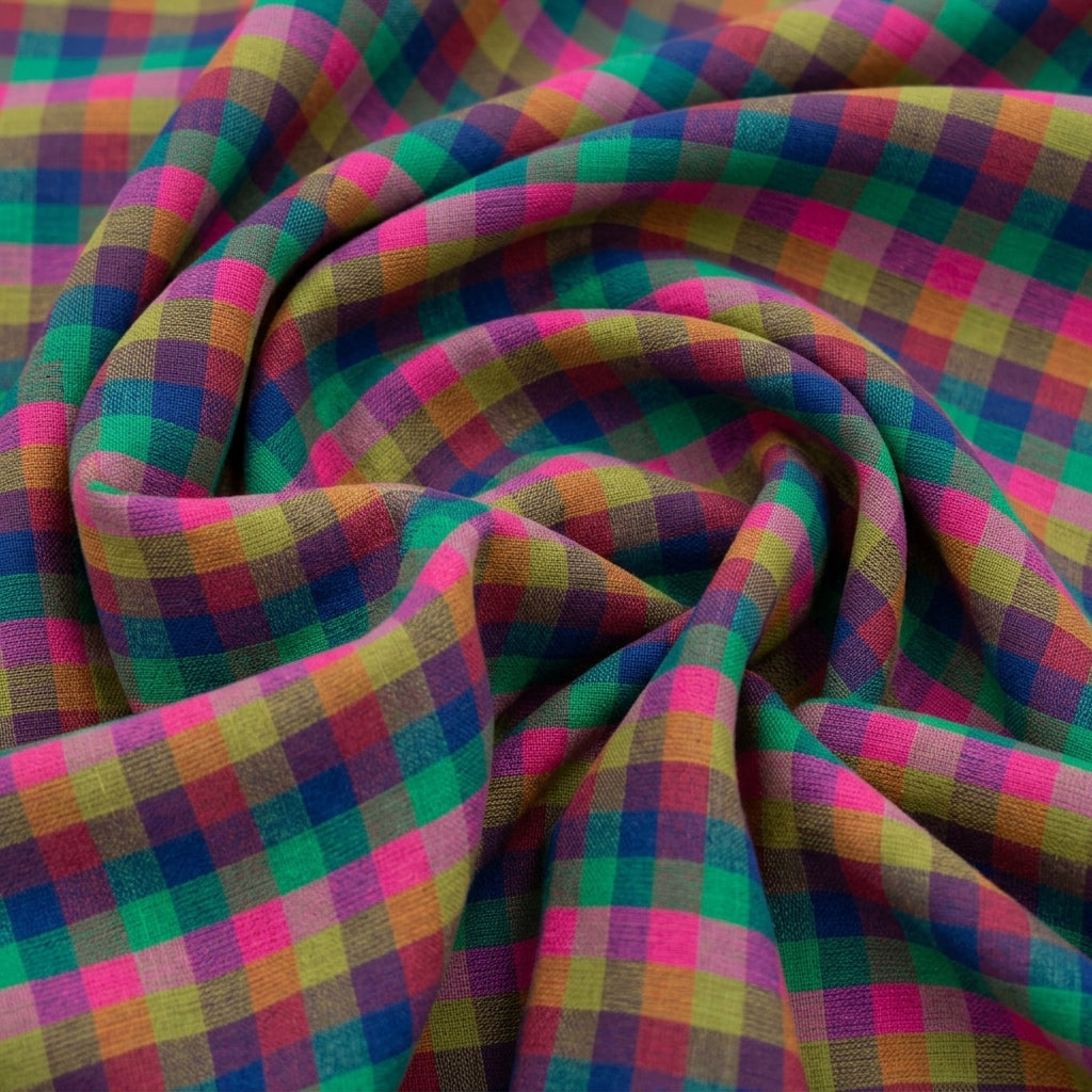 Swirled Checked Multicolor Checked Cotton Fabric