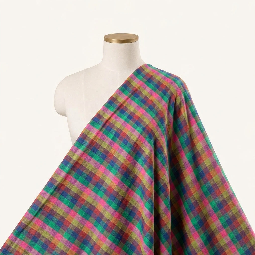 Checked Multicolor Checked Cotton Fabric Draped as a saree