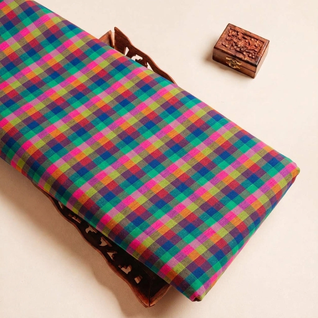 Folded Multicolor Checked Cotton Fabric Highlighting and Texture