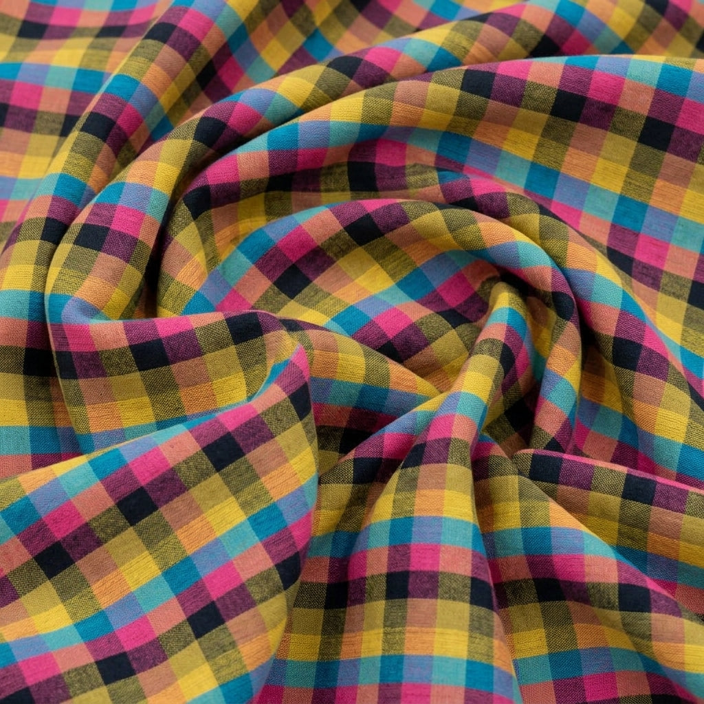 Swirled Checked Multicolor Checked Cotton Fabric