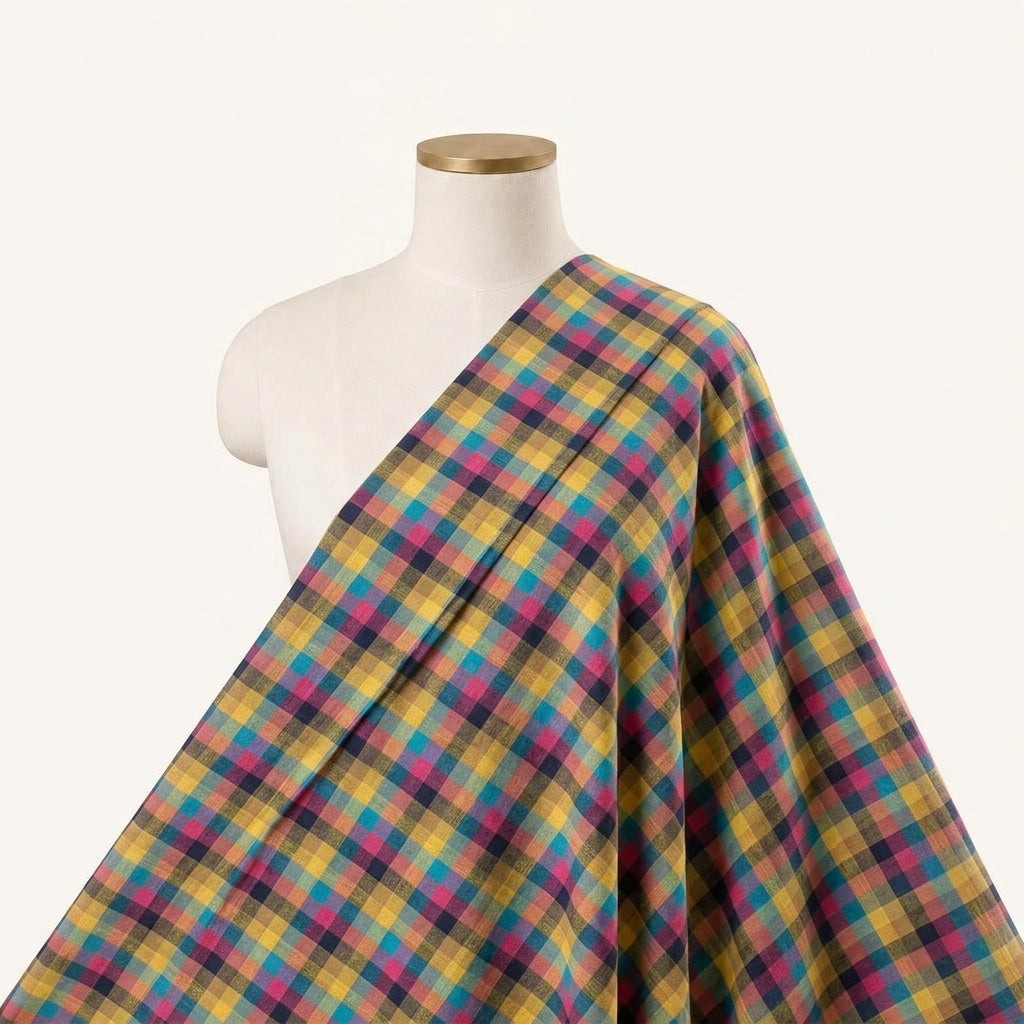 Checked Multicolor Checked Cotton Fabric Draped as a saree